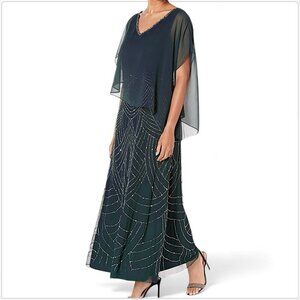 JKara J Kara Grey Multi Caplet V-Neck Mock 2 Piece Beaded Gown Dress NWT New 14